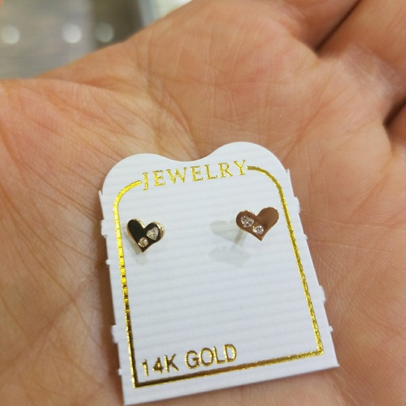 14k Solid Yellow Gold Heart Earrings - Picture 2 of 8